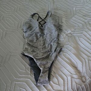 New! Berlook Silver Black Glitter One-Piece Swimsuit or Bodysuit Layering Piece
